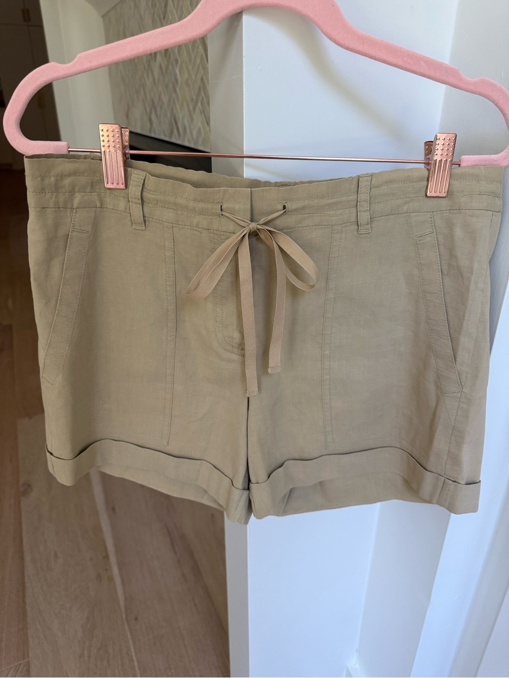 Theory Kalie Crunch Linen Blend Shorts | Tan | Size 2 | Drawstring Waist